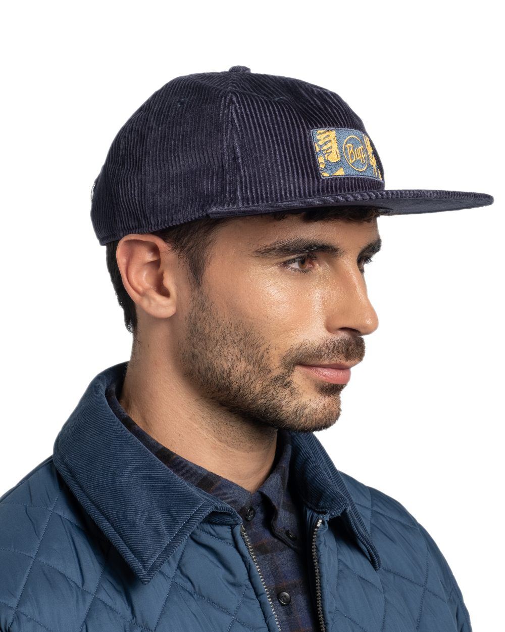 Navy Coloured Buff Dister Chill Trucker Cap on white background
