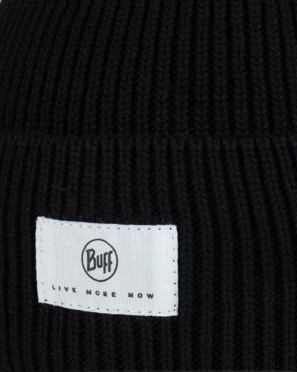 Black Coloured Buff Drisk Knitted Beanie on white background