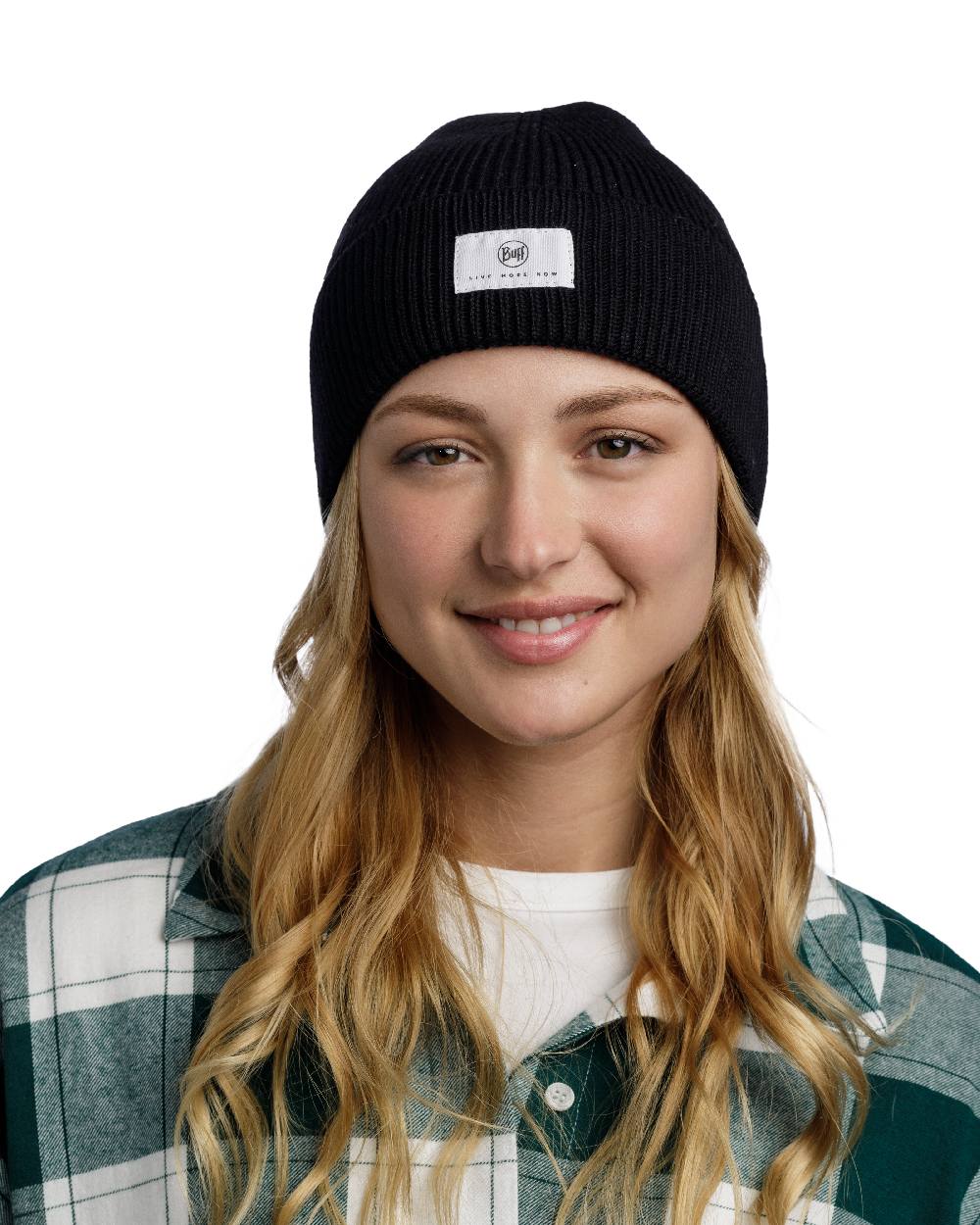 Black Coloured Buff Drisk Knitted Beanie on white background