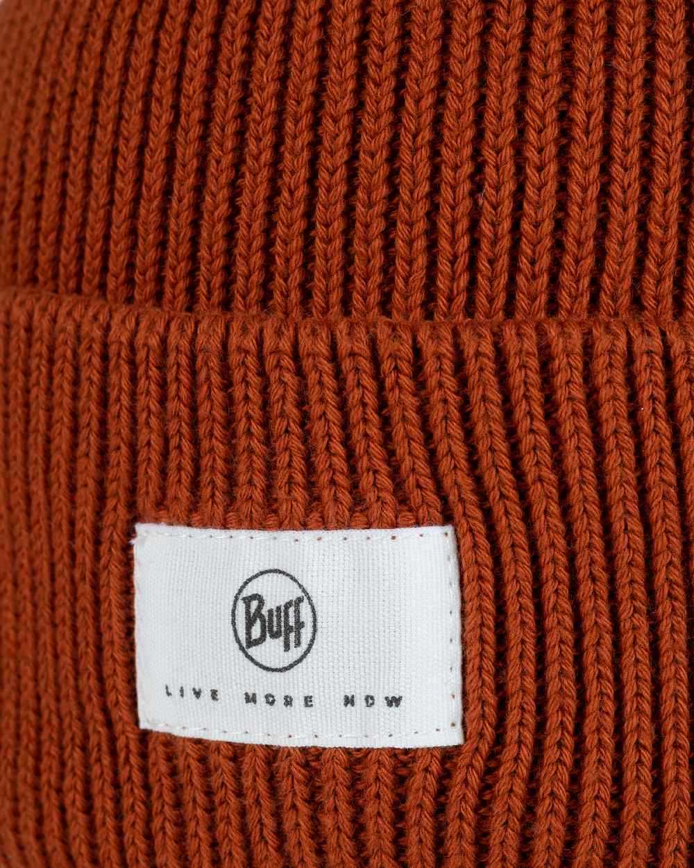 Cinnamon Coloured Buff Drisk Knitted Beanie on white background