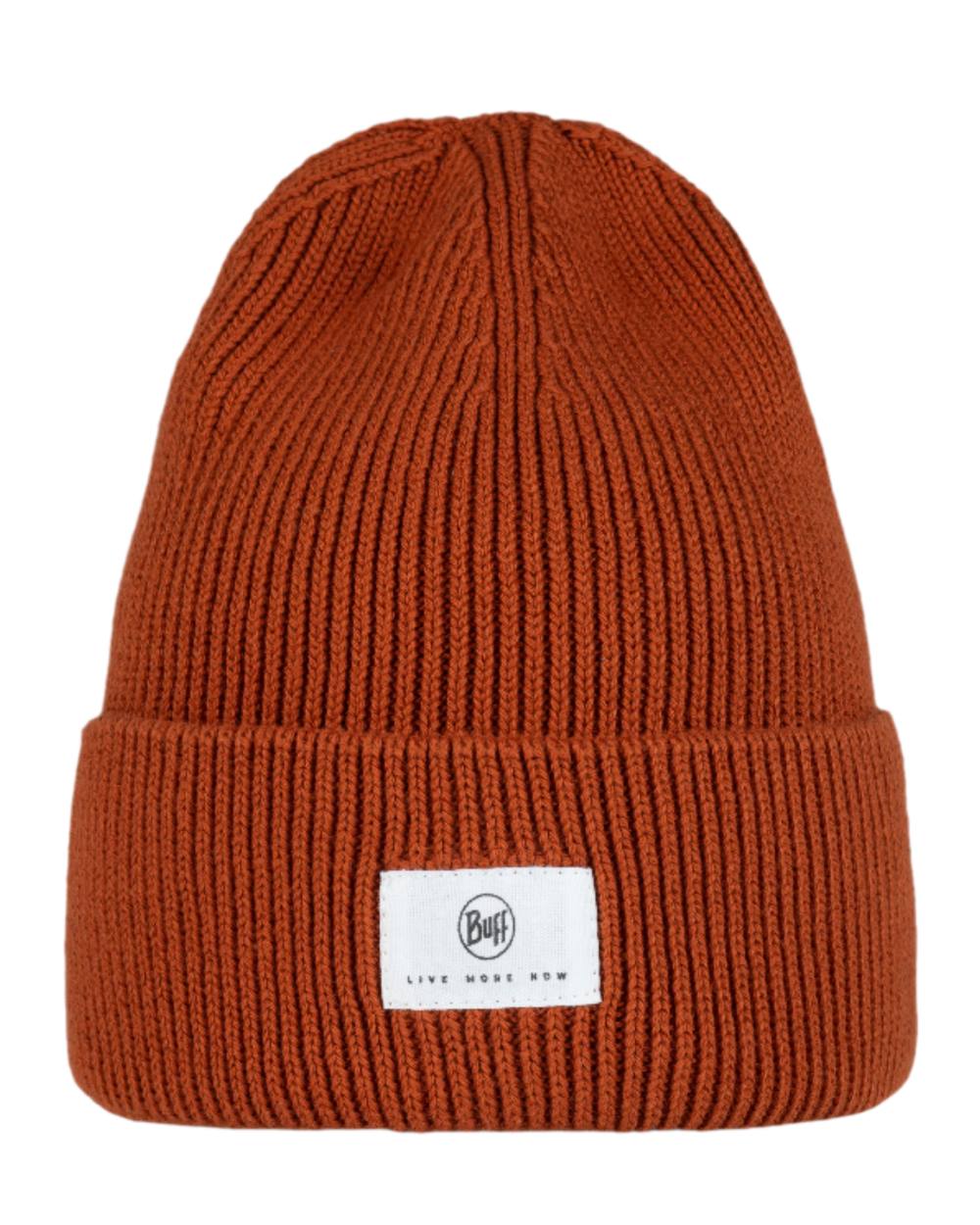 Cinnamon Coloured Buff Drisk Knitted Beanie on white background