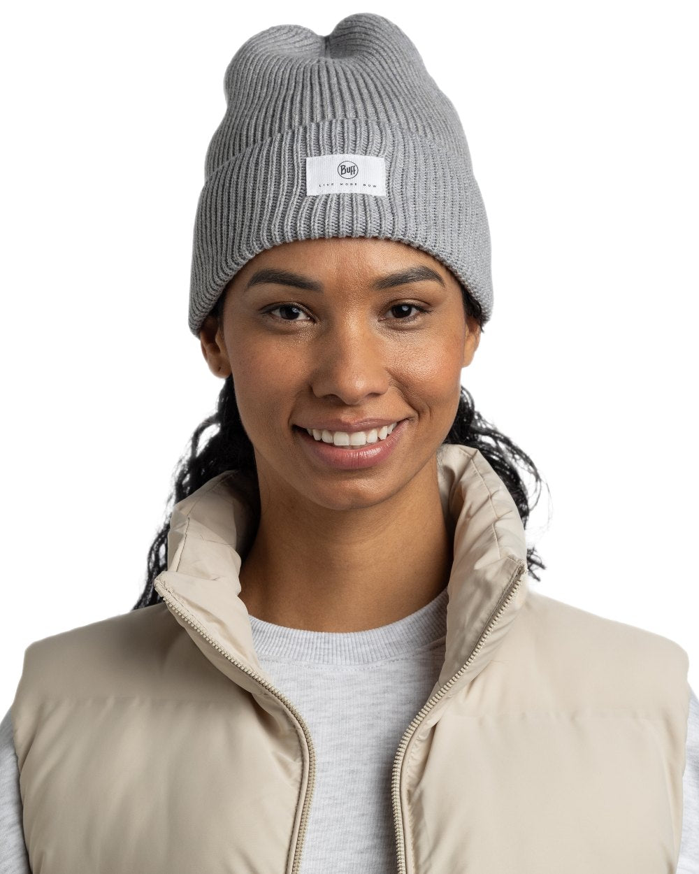 Grey Coloured Buff Drisk Knitted Beanie on white background