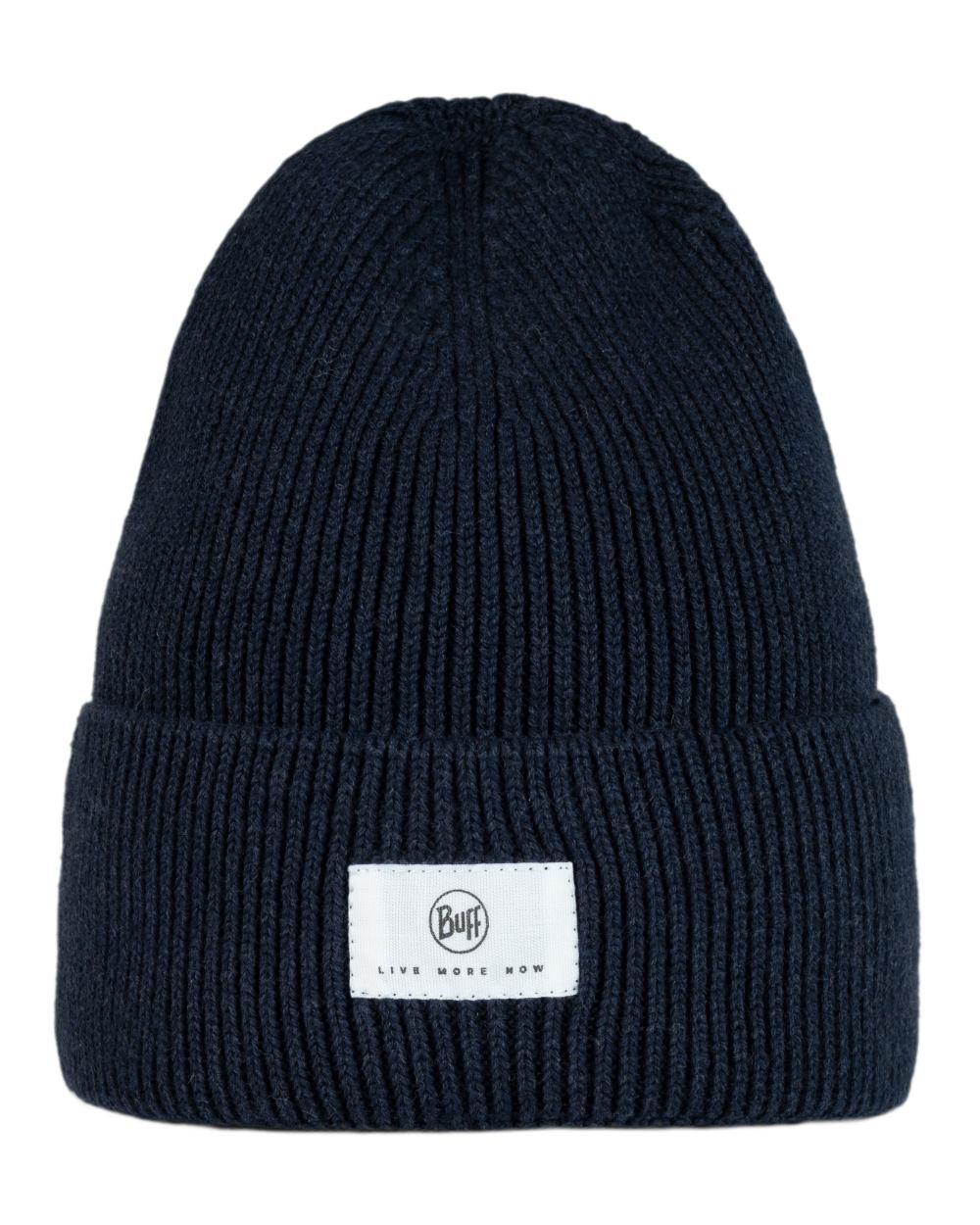 Night Blue Coloured Buff Drisk Knitted Beanie on white background