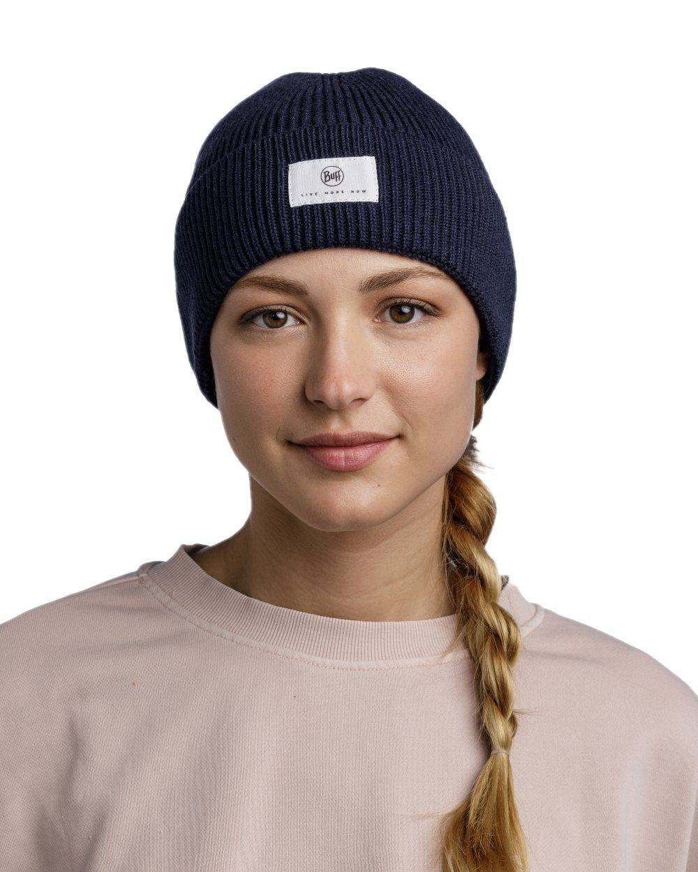 Night Blue Coloured Buff Drisk Knitted Beanie on white background