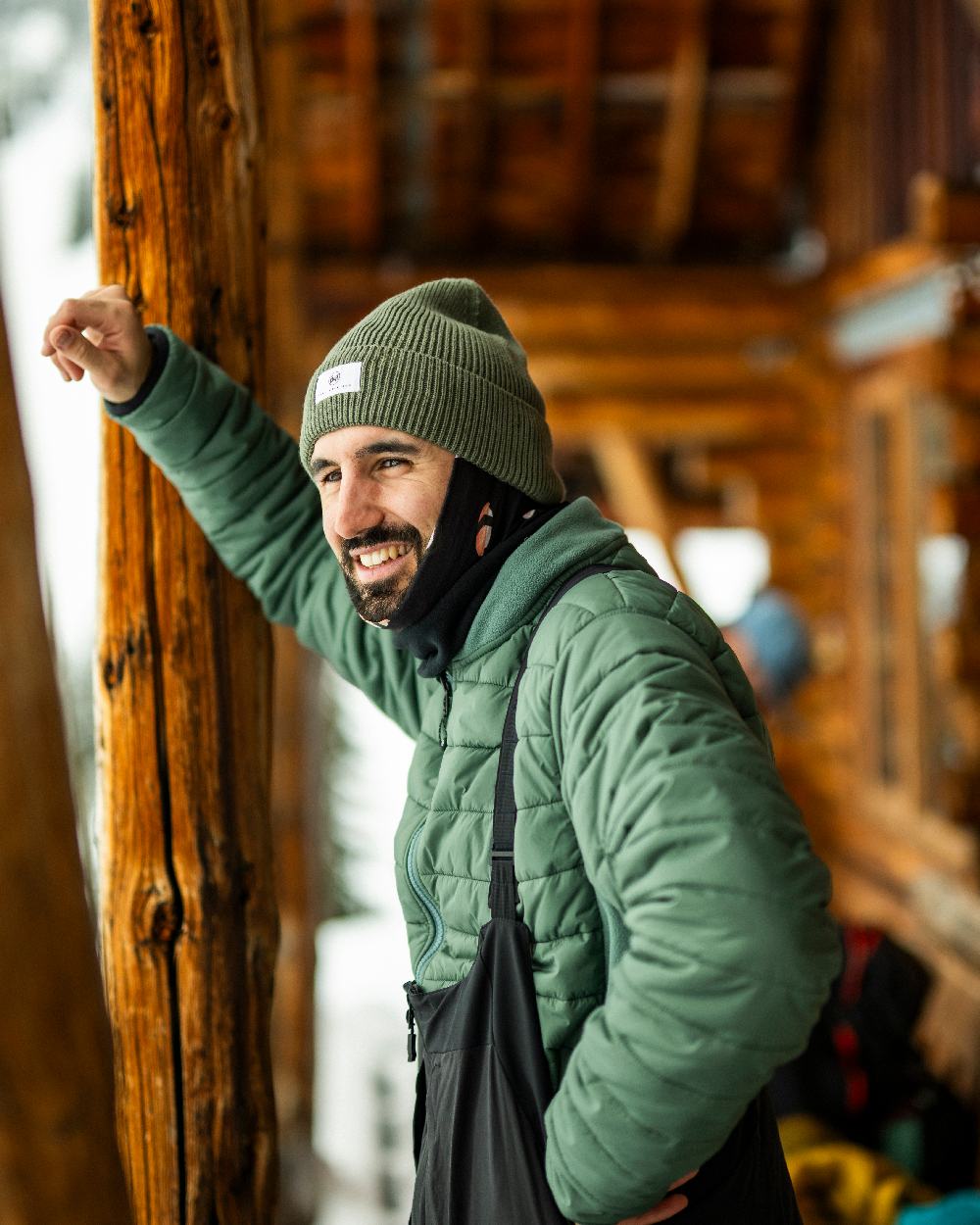 Silversage Coloured Buff Drisk Knitted Beanie on blurry background