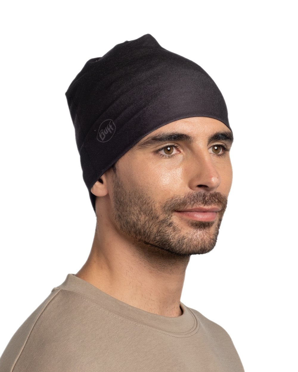 Black Coloured Buff Ecostretch Beanie on white background
