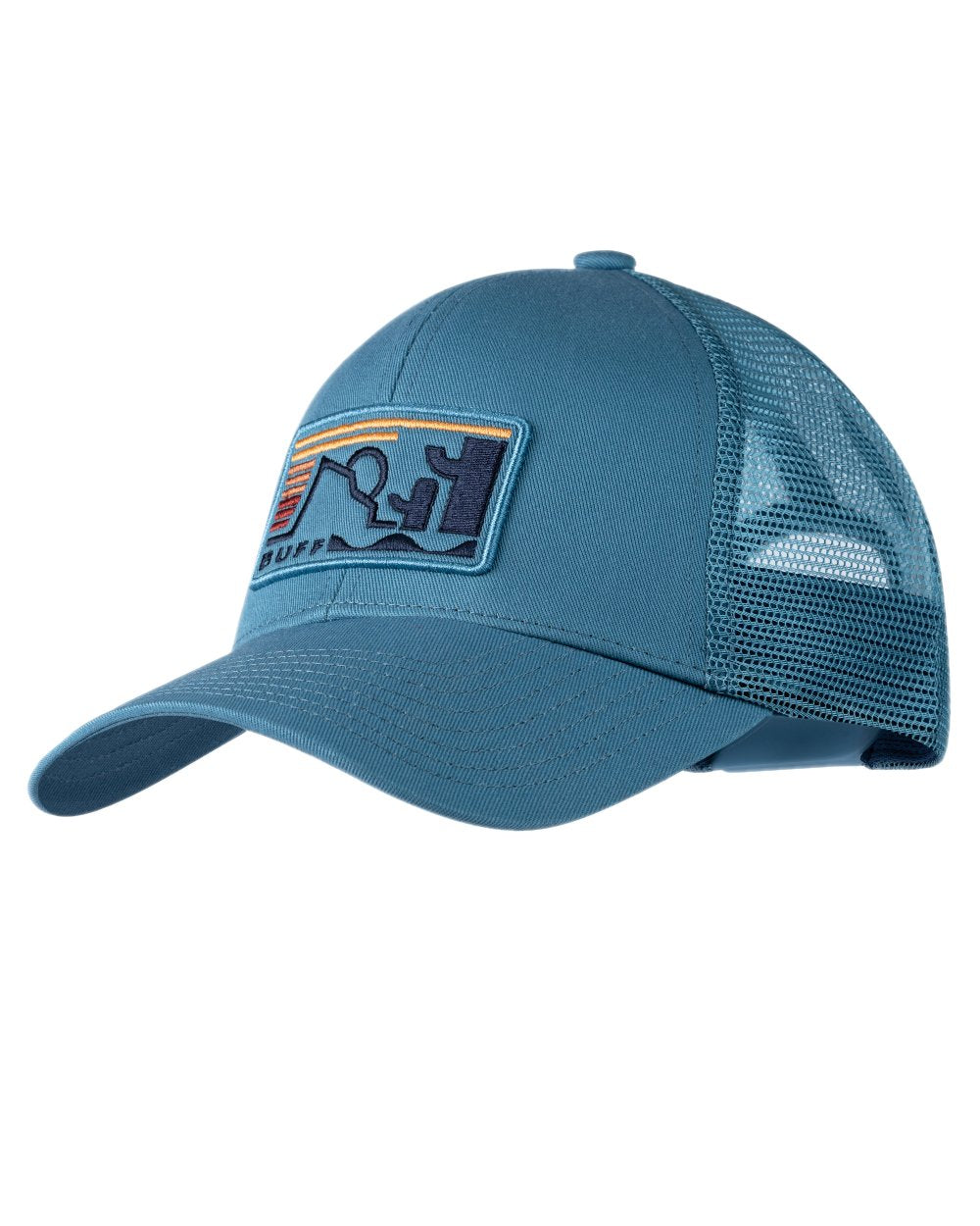 Blue Coloured Buff Explore Trucker Cap on white background