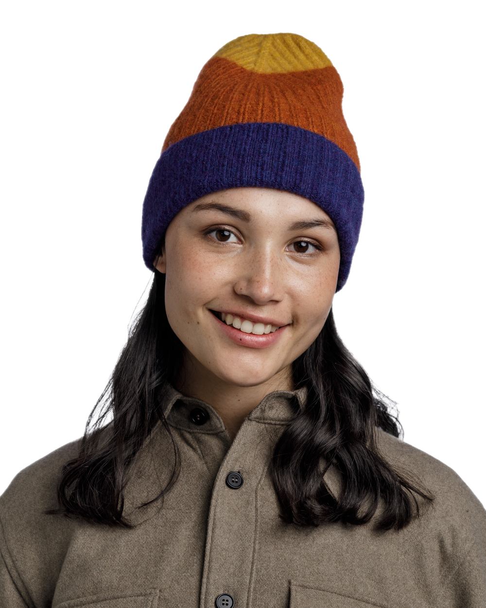 Denim Coloured Buff Nilah Knitted Beanie on white background