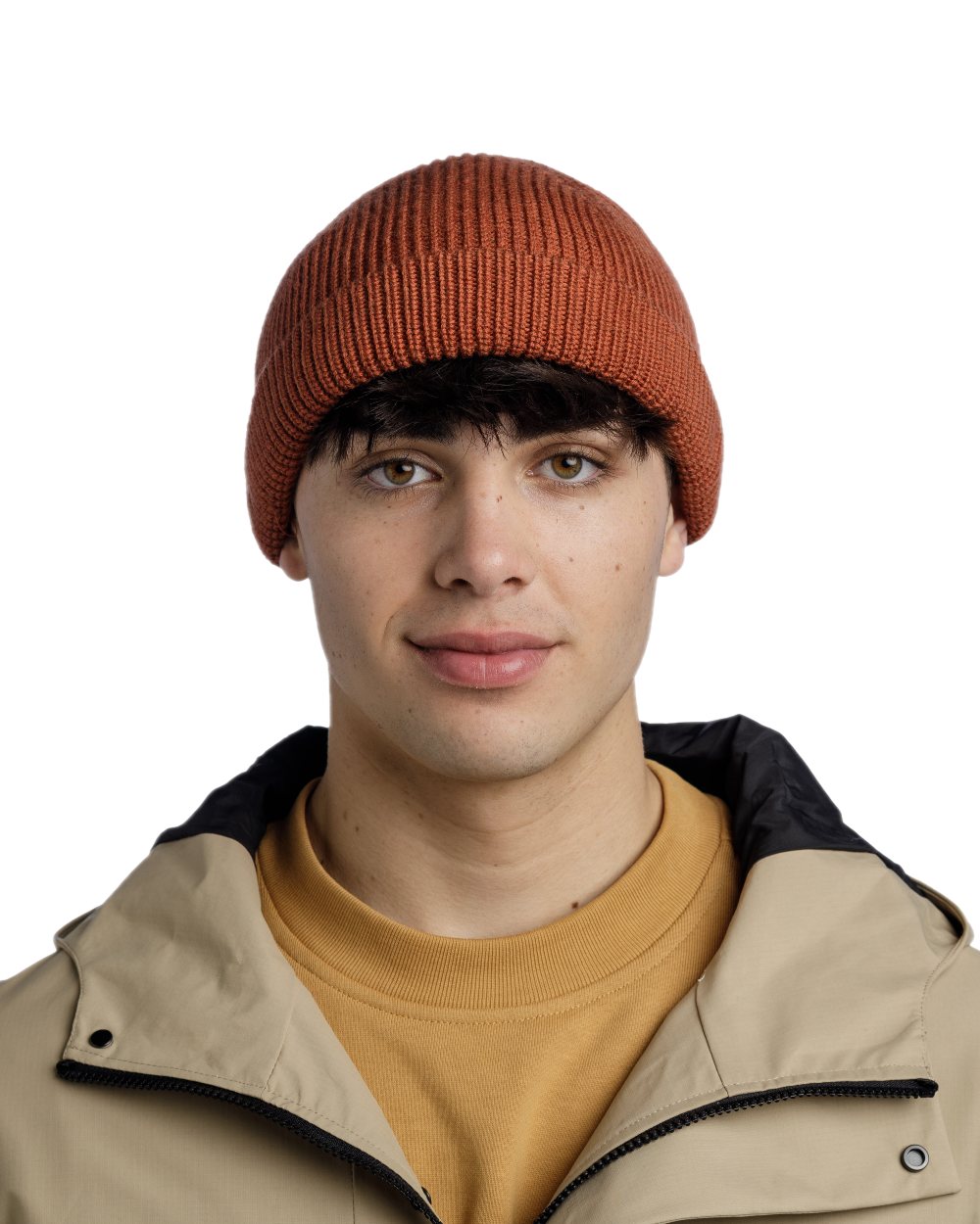Cinnamon Coloured Buff Knitted Ervin Beanie on white background