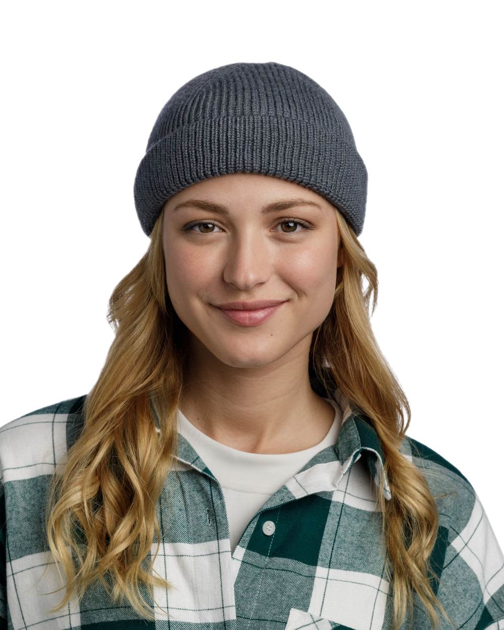 Grey Coloured Buff Knitted Ervin Beanie on white background