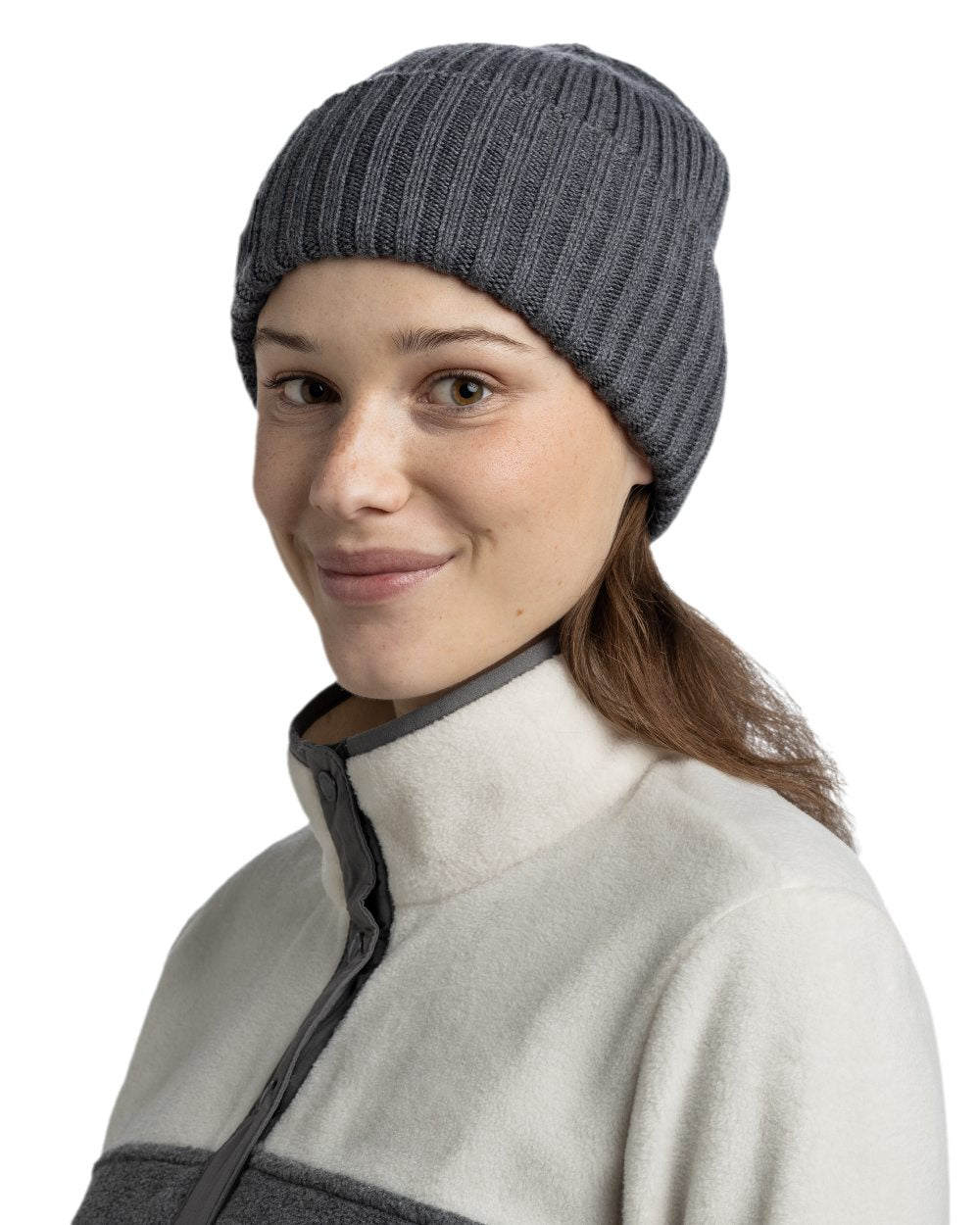 Heather Grey Coloured Buff Knitted Erviny Beanie on white background