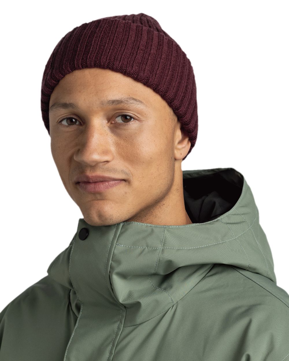 Maroon Coloured Buff Knitted Erviny Beanie on white background