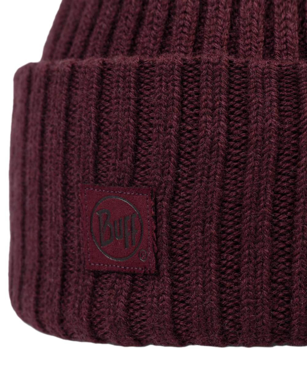 Maroon Coloured Buff Knitted Erviny Beanie on white background