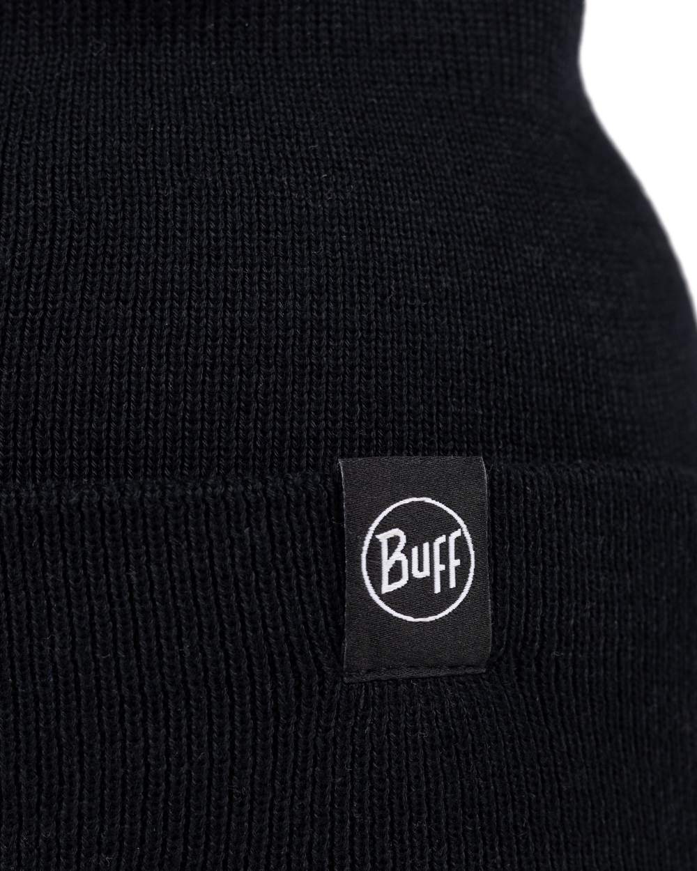 Black Coloured Buff Linon Knitted Beanie on white background