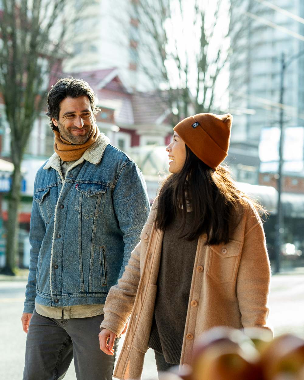Copper Coloured Buff Linon Knitted Beanie on blurry background