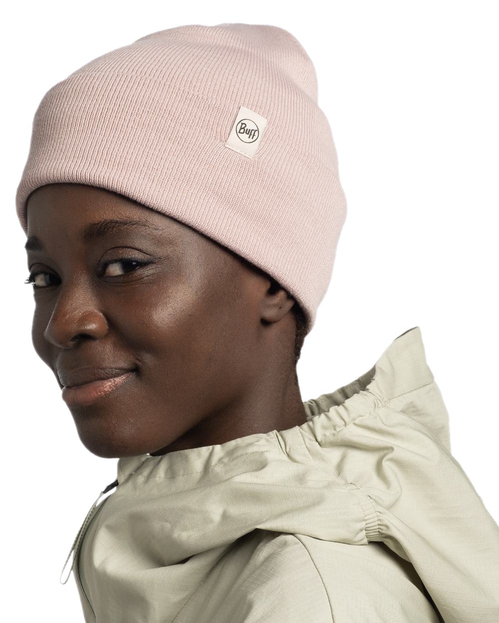 Rosewood Coloured Buff Linon Knitted Beanie on white background