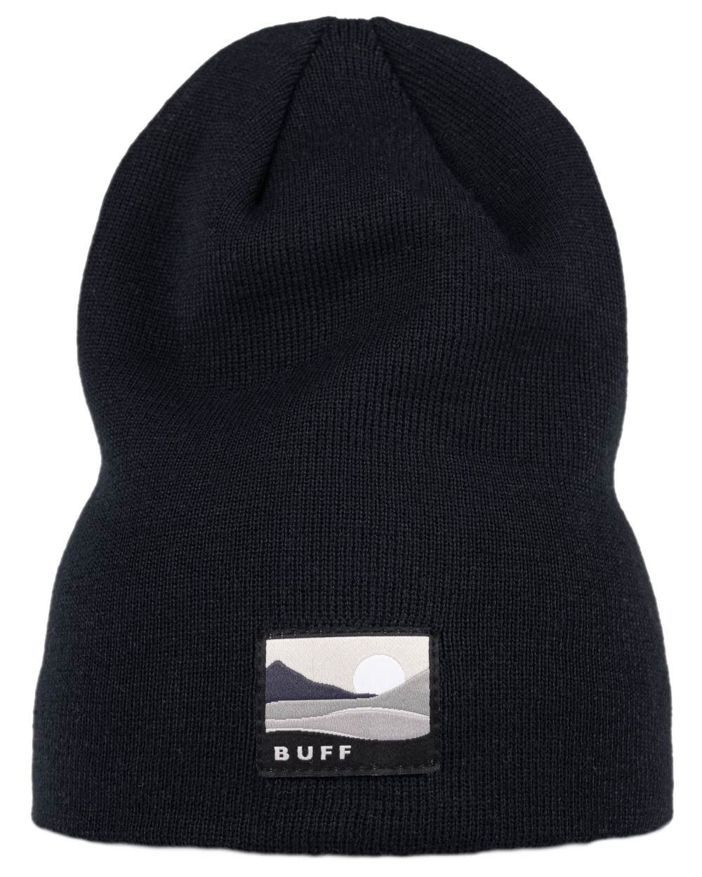 Black Coloured Buff Lilon Knitted Long Beanie on white background