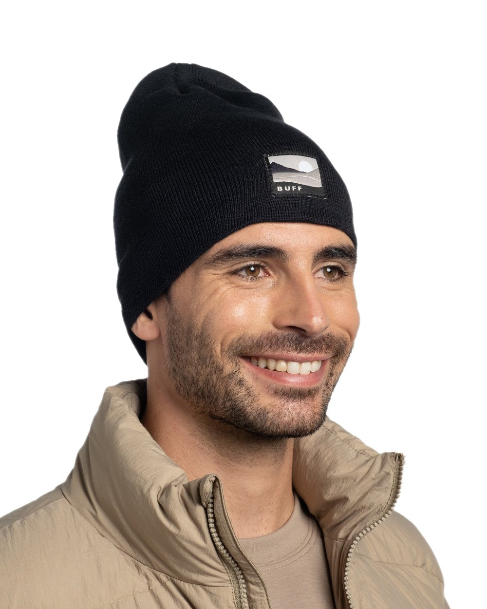 Black Coloured Buff Lilon Knitted Long Beanie on white background