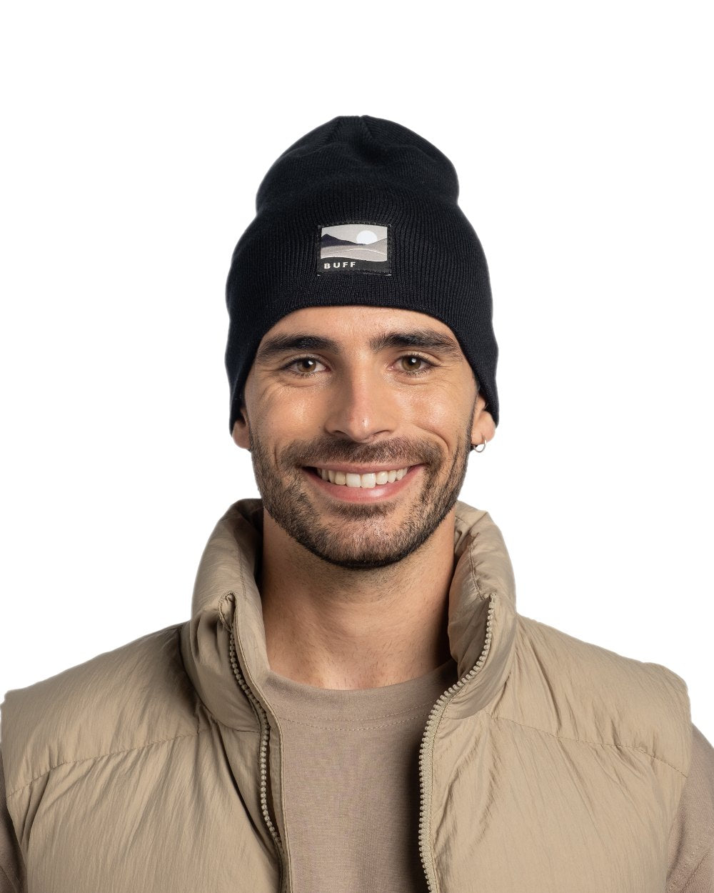 Black Coloured Buff Lilon Knitted Long Beanie on white background
