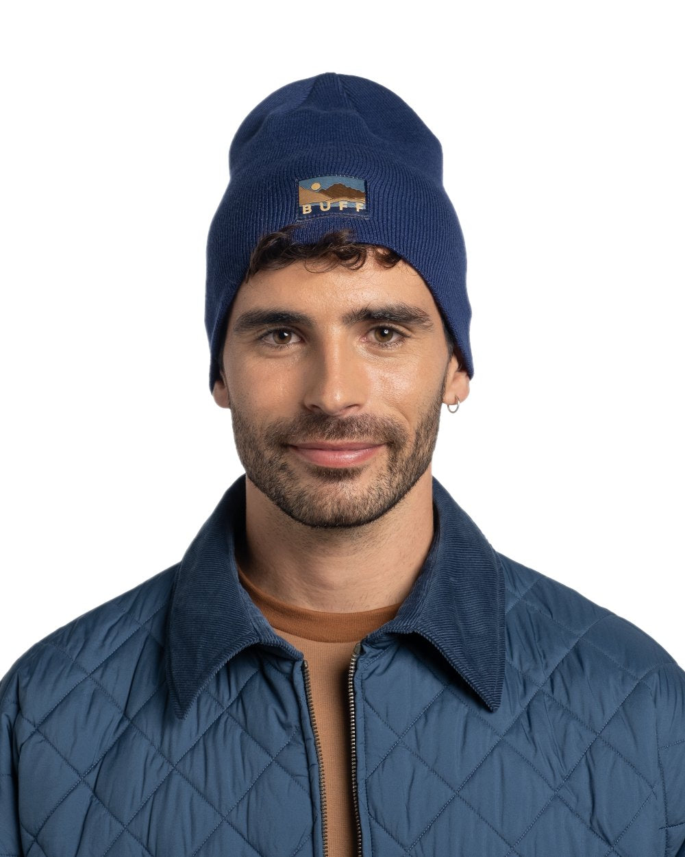 Midnight Coloured Buff Lilon Knitted Long Beanie on white background