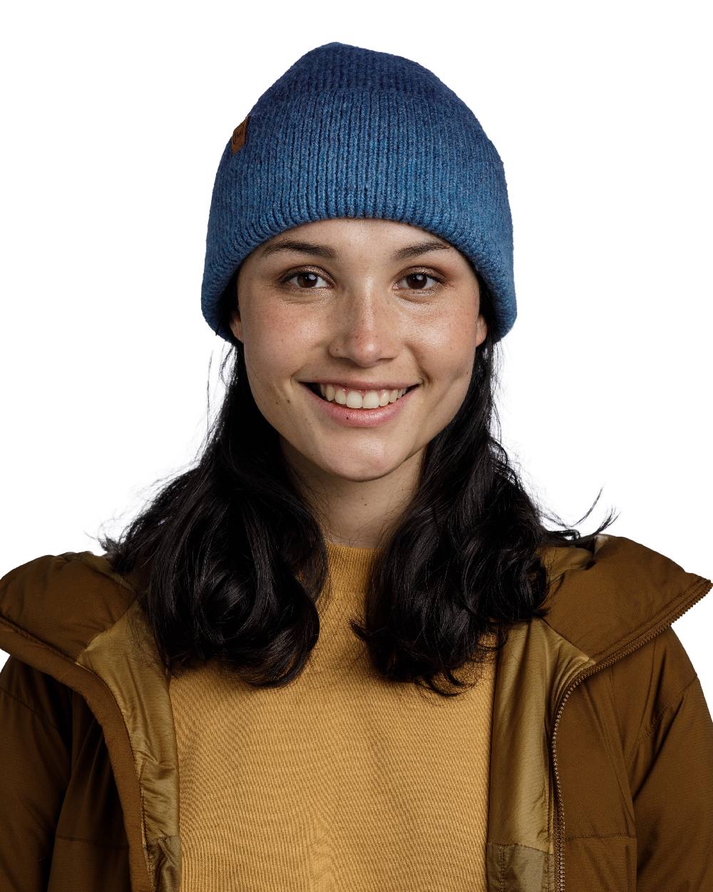 Denim Coloured Buff Knitted Marin Beanie on white background
