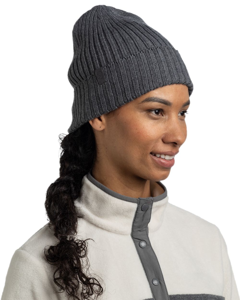 Heather Grey Coloured Buff Knitted Norval Beanie on white background