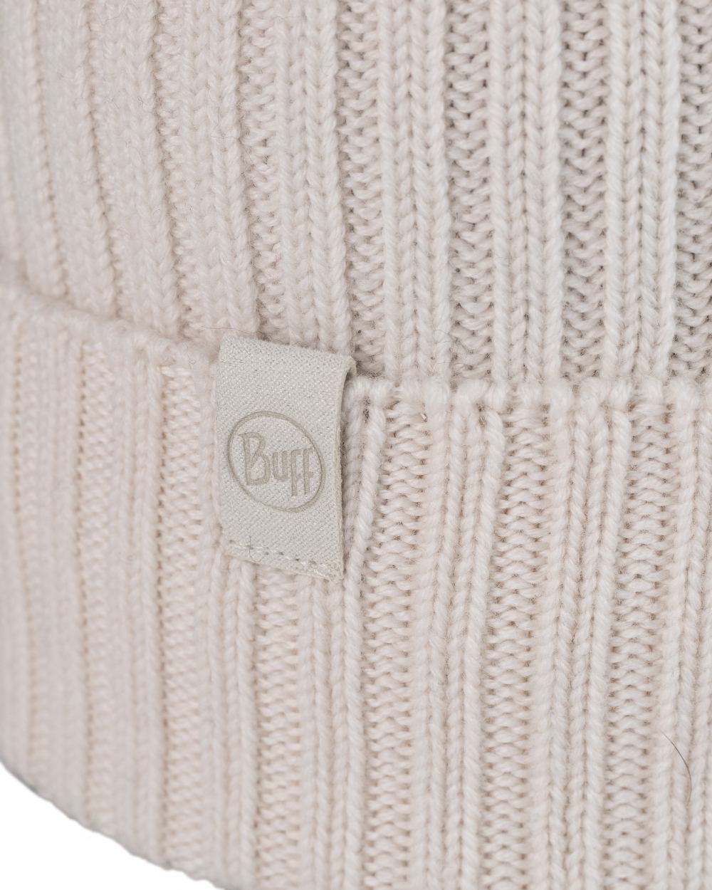Ice Coloured Buff Knitted Norval Beanie on white background