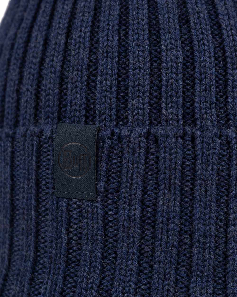 Midnight Coloured Buff Knitted Norval Beanie on white background