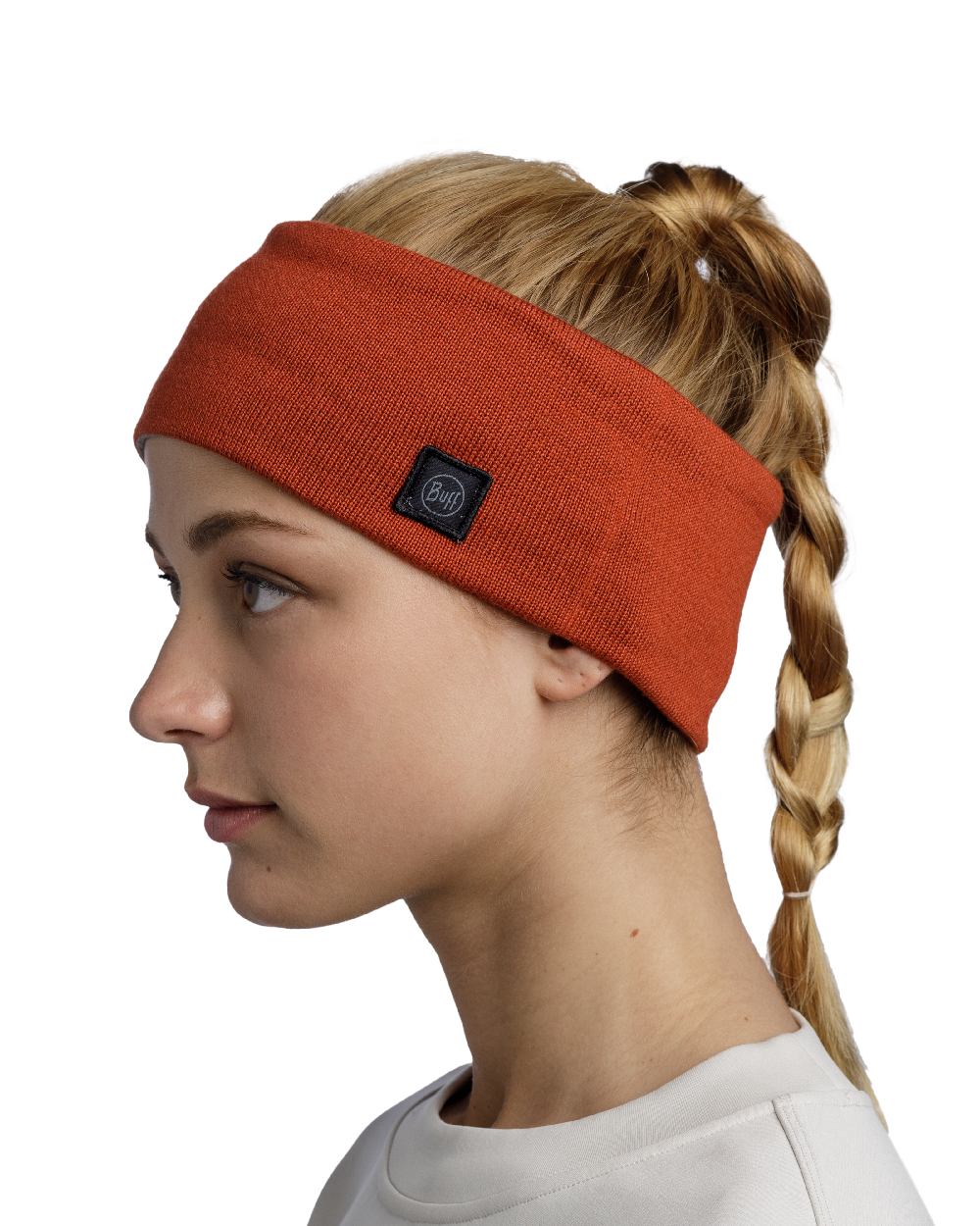 Cinnamon Coloured Buff Knitted Polar Headband on white background