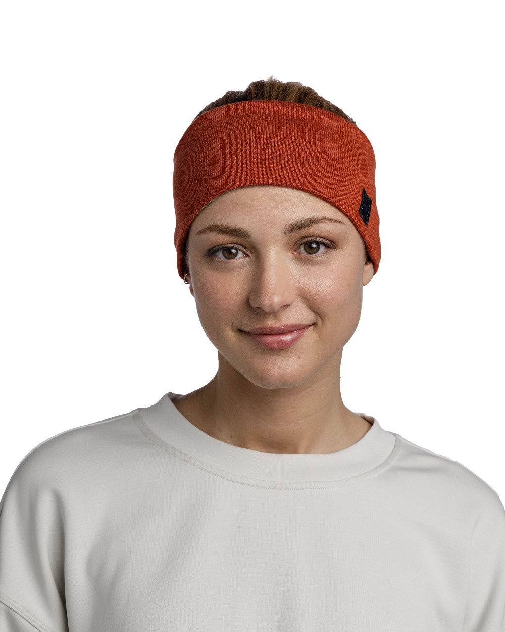 Cinnamon Coloured Buff Knitted Polar Headband on white background
