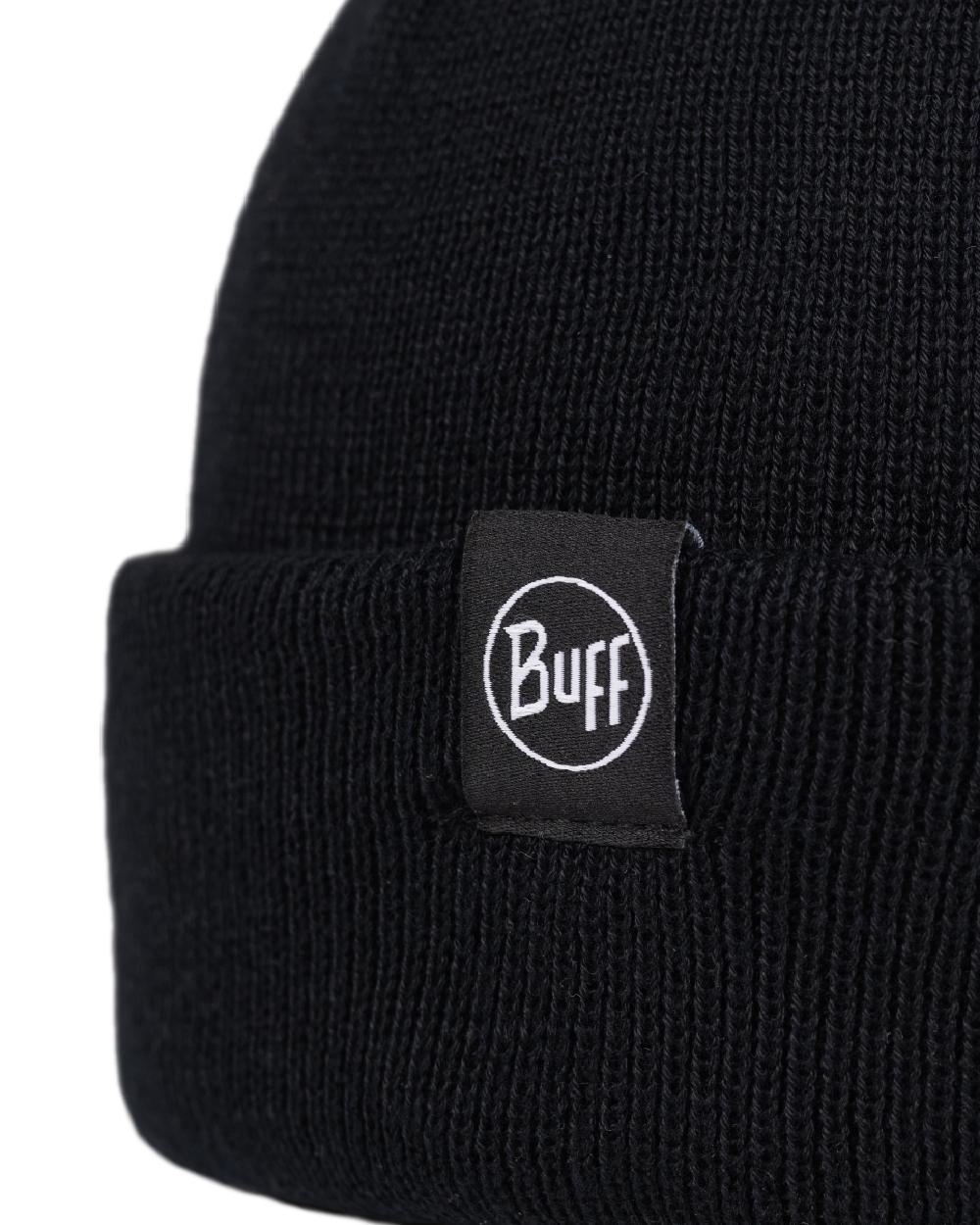 Black Coloured Buff Lilon Fisherman Knitted Beanie on white background