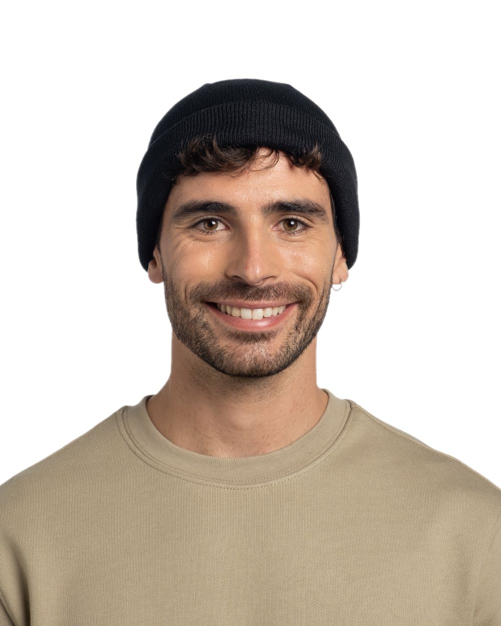 Black Coloured Buff Lilon Fisherman Knitted Beanie on white background