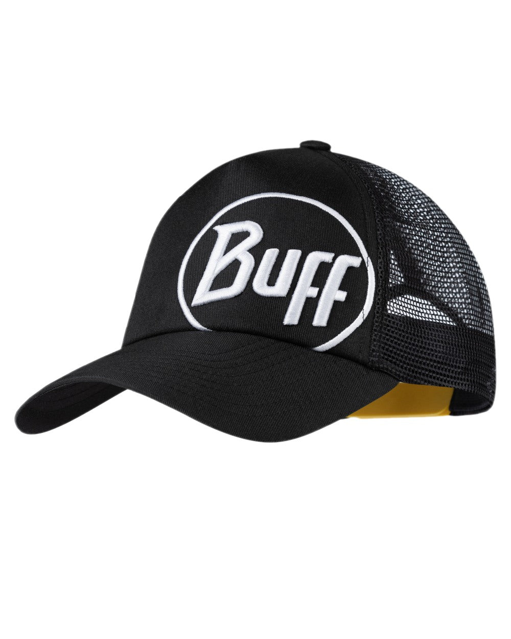 Black Coloured Buff Logo Trucker Cap on white background