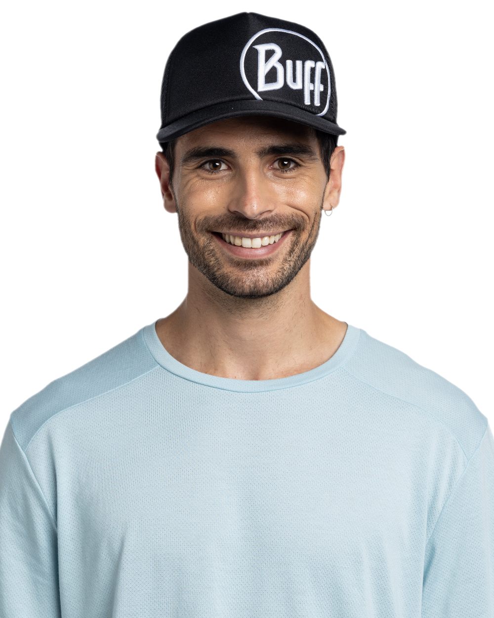 Black Coloured Buff Logo Trucker Cap on white background
