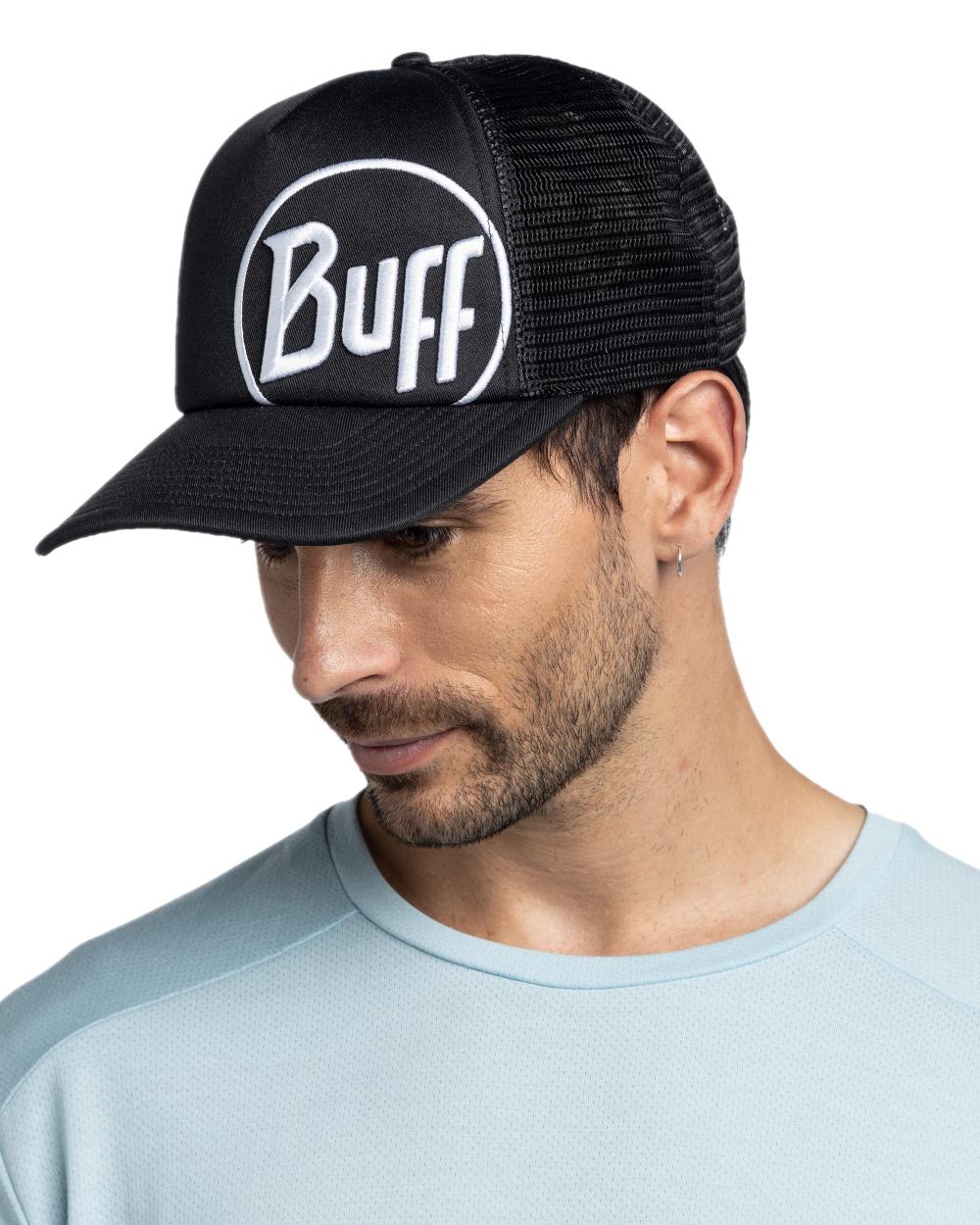Black Coloured Buff Logo Trucker Cap on white background