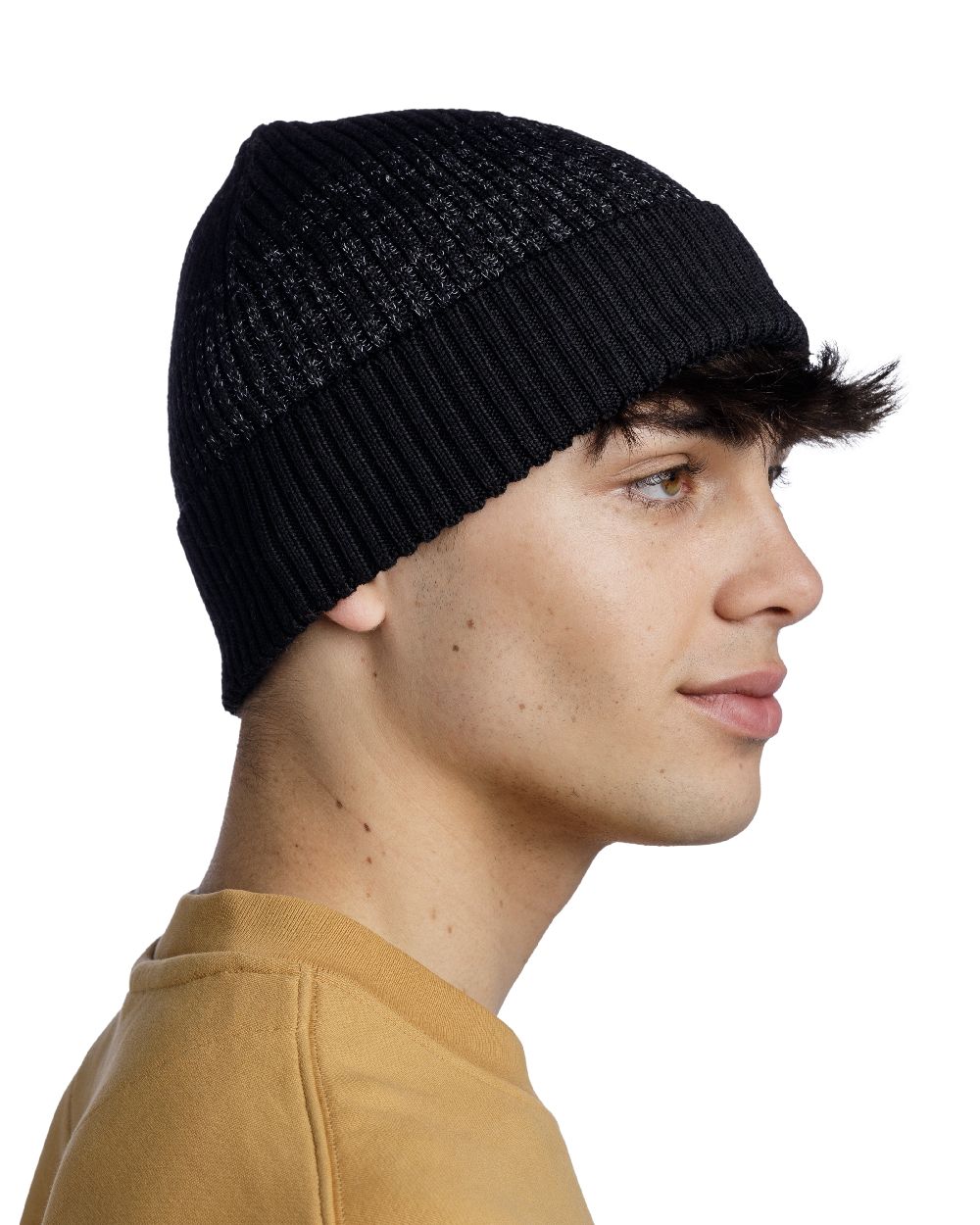 Black Coloured Buff Merino Active Beanie on white background