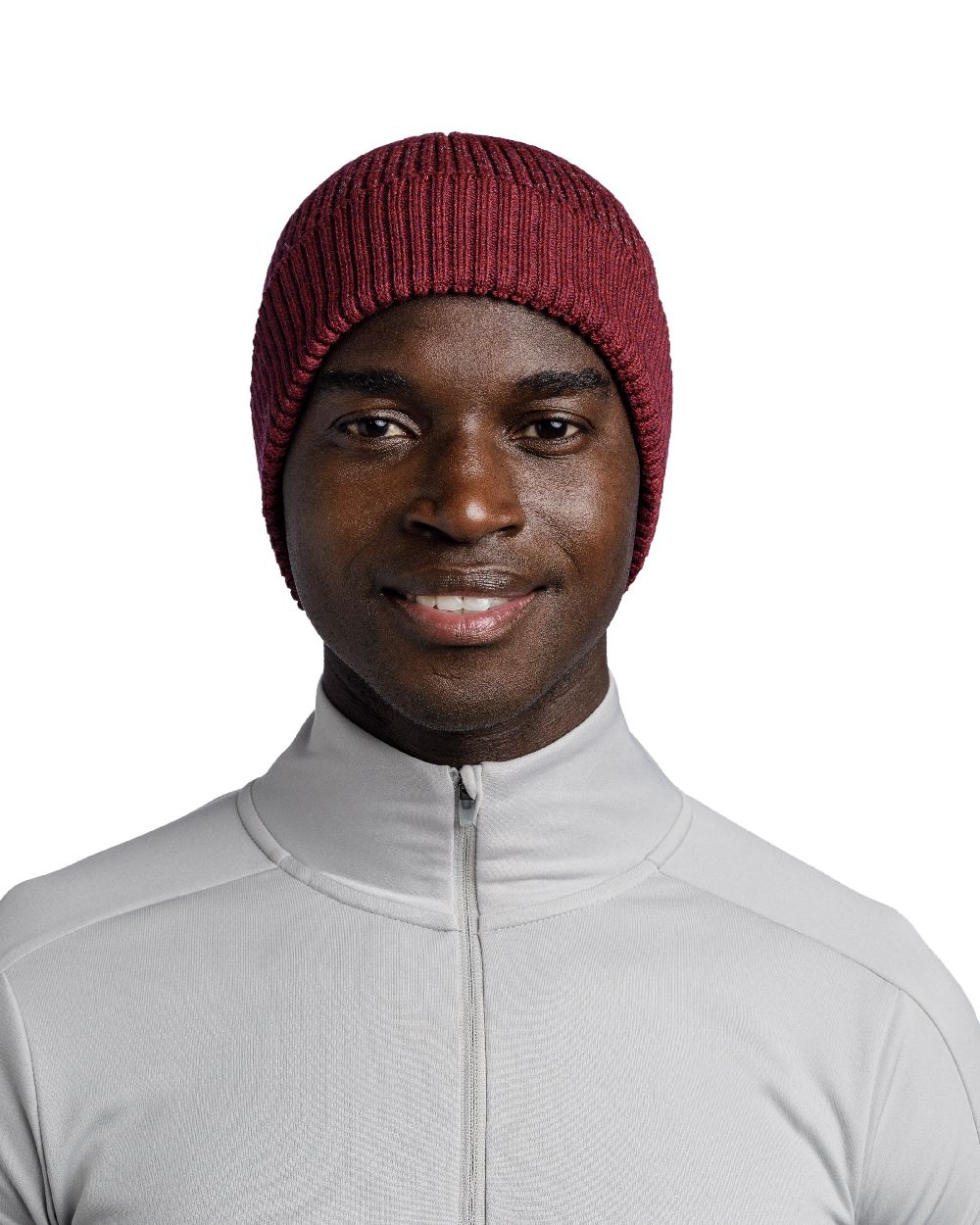 Garnet Coloured Buff Merino Active Beanie on white background