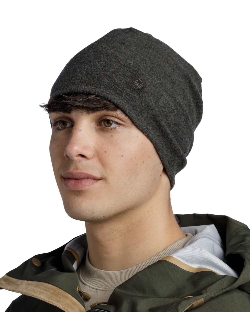 Cedar Coloured Buff Merino Fleece Beanie on white background
