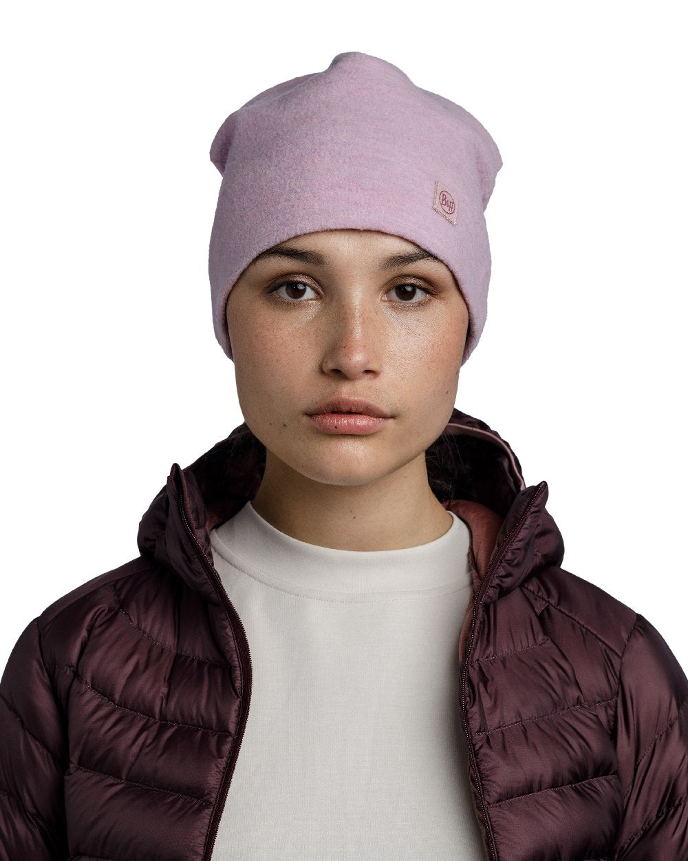 Lilac Sand Coloured Buff Merino Fleece Beanie on white background