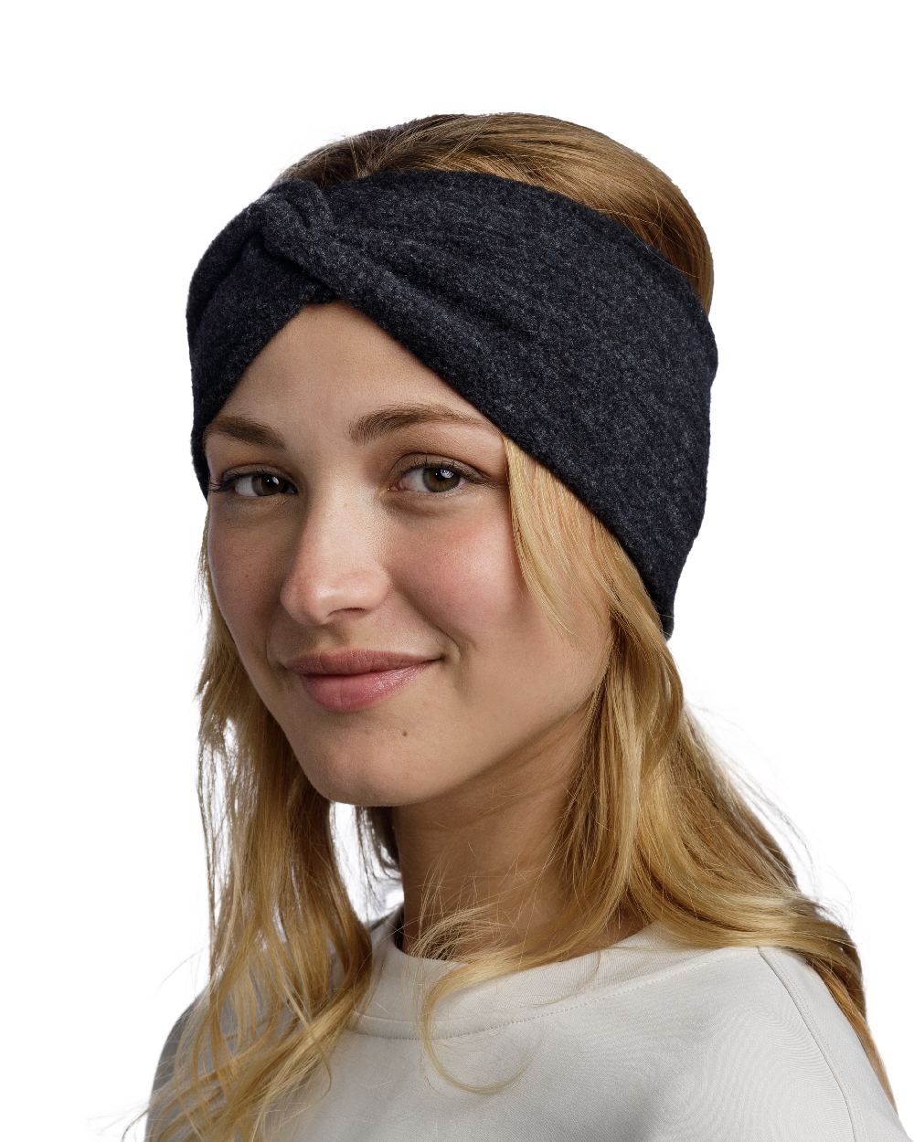 Black Coloured Buff Merino Fleece Headband on white background