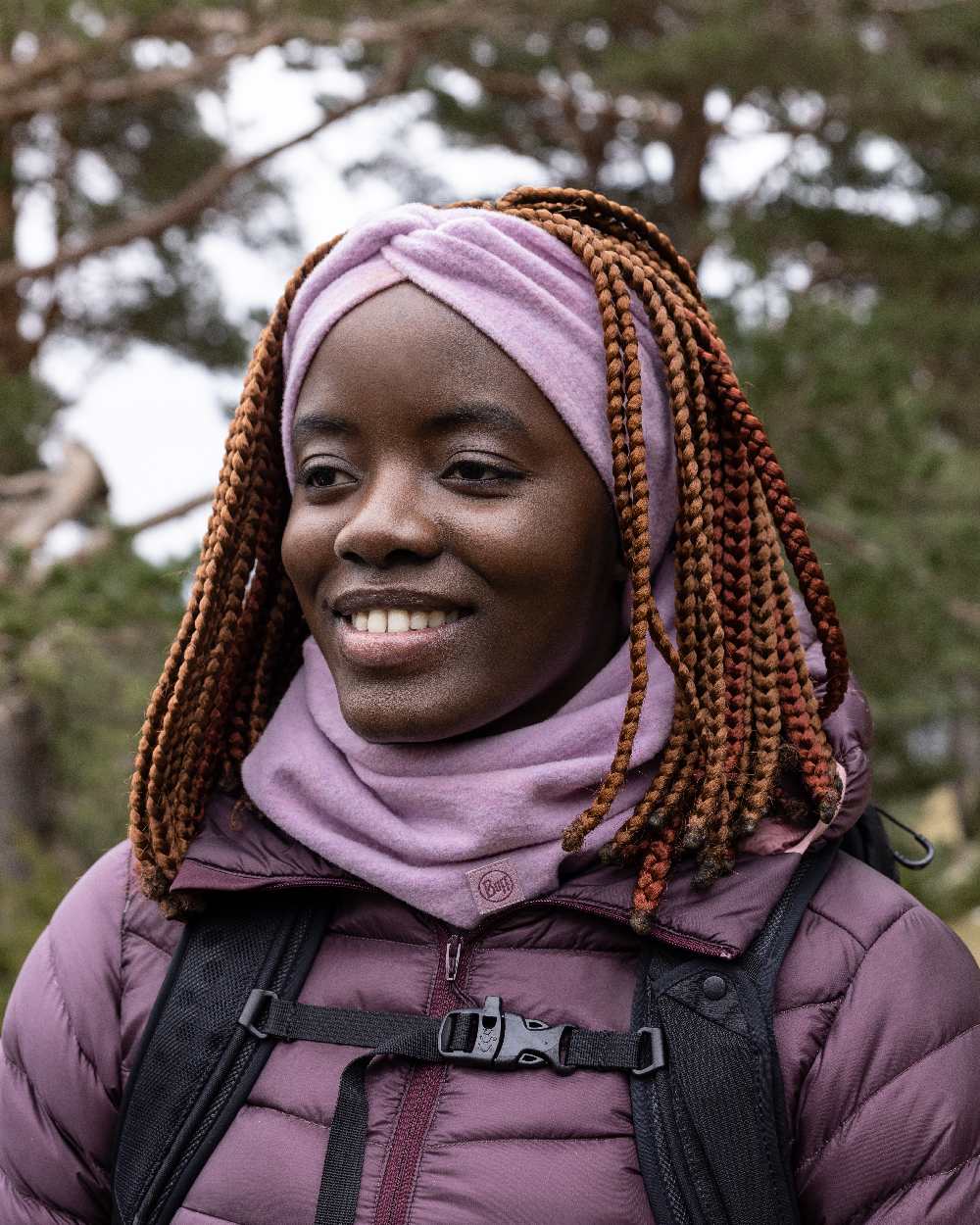 Lilac Sand Coloured Buff Merino Fleece Headband on forest background