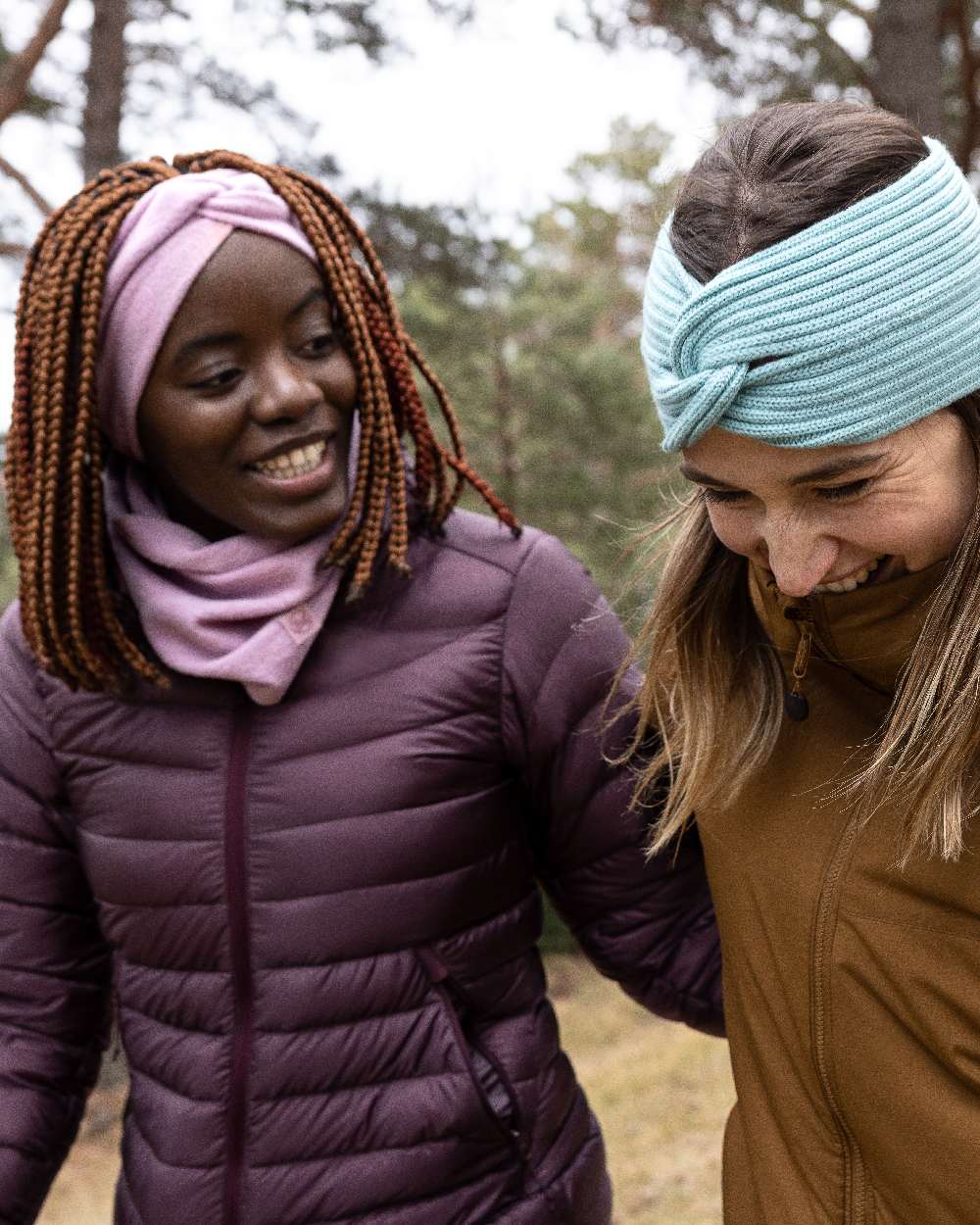 Lilac Sand Coloured Buff Merino Fleece Headband on forest background