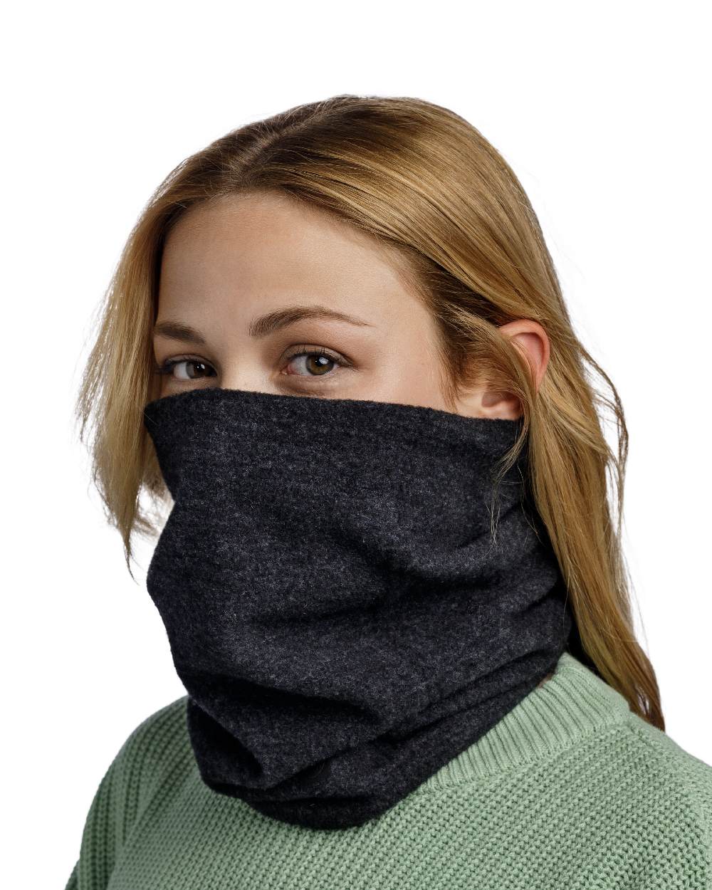 Black Coloured Buff Merino Fleece Neck Warmer on white background