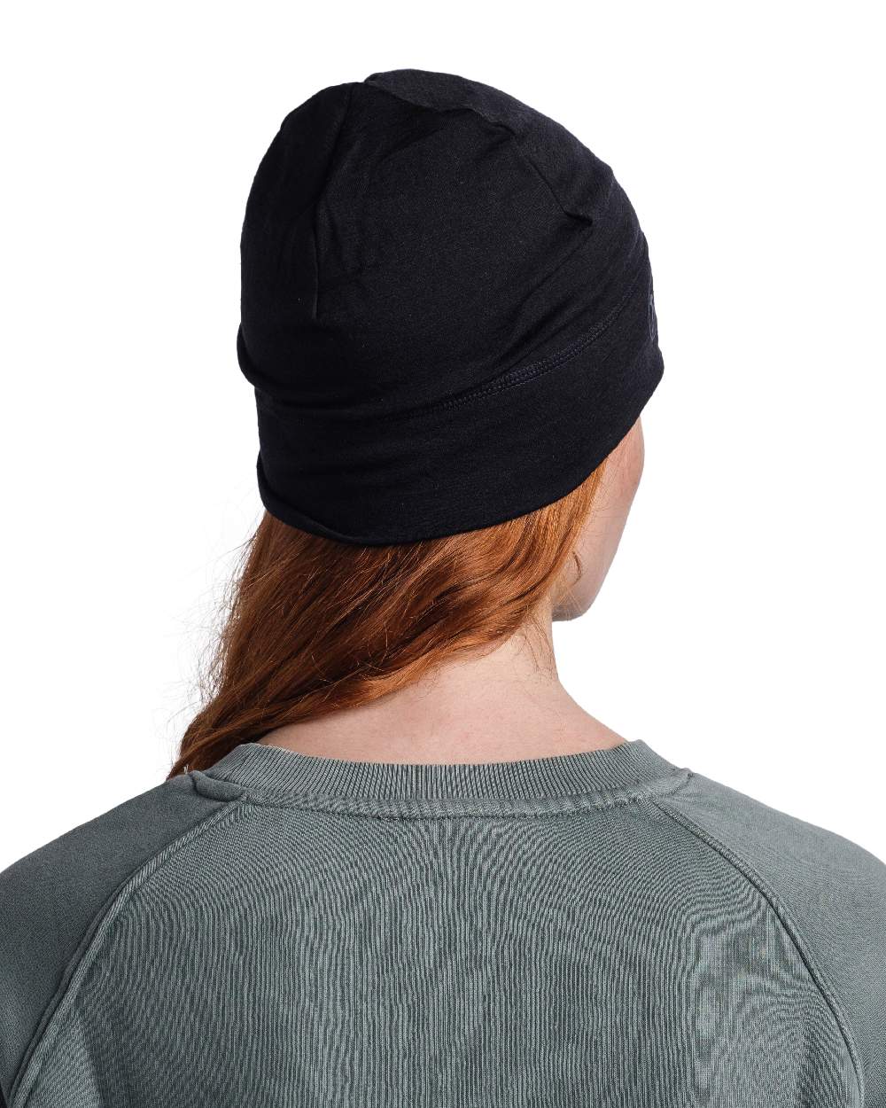 Black Coloured Buff Merino Lightweight Beanie on white background