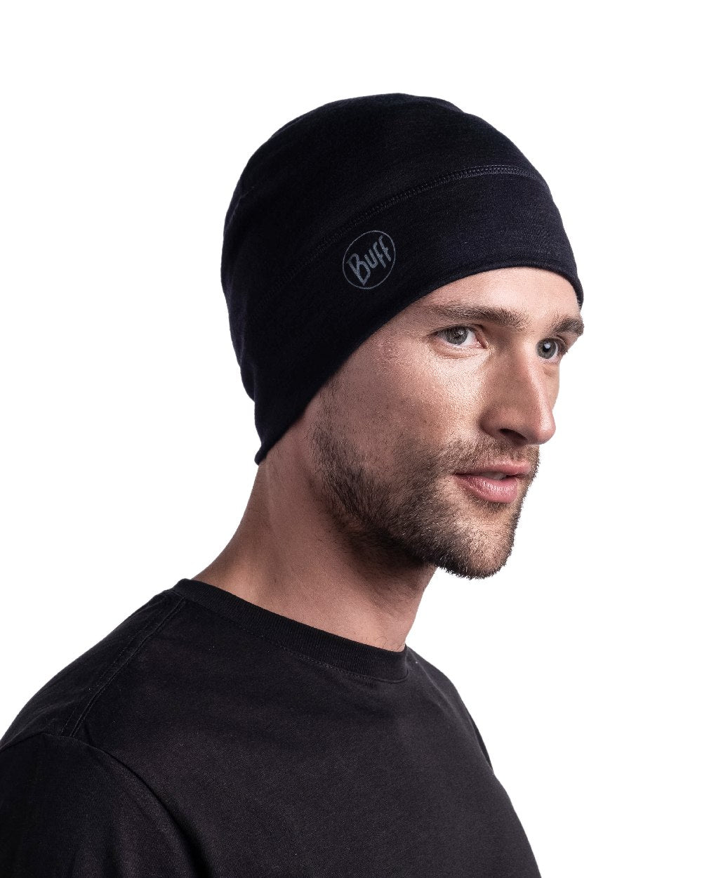 Black Coloured Buff Merino Lightweight Beanie on white background