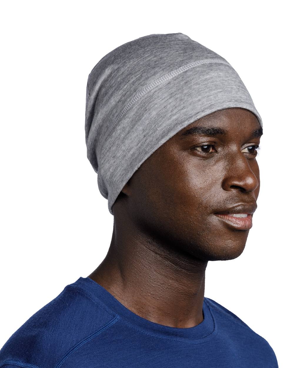 Light Grey Coloured Buff Merino Lightweight Beanie on white background