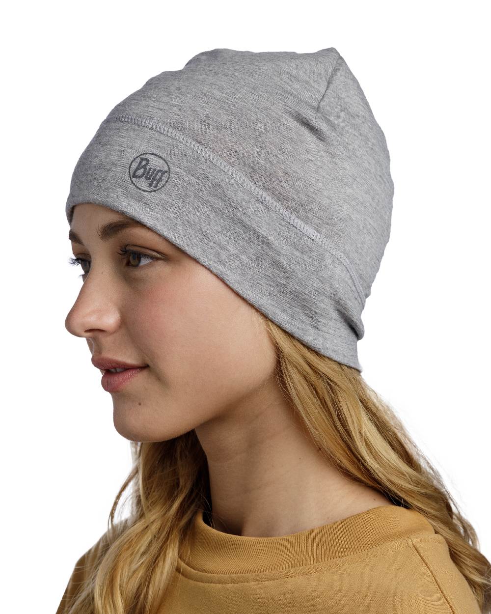 Light Grey Coloured Buff Merino Lightweight Beanie on white background