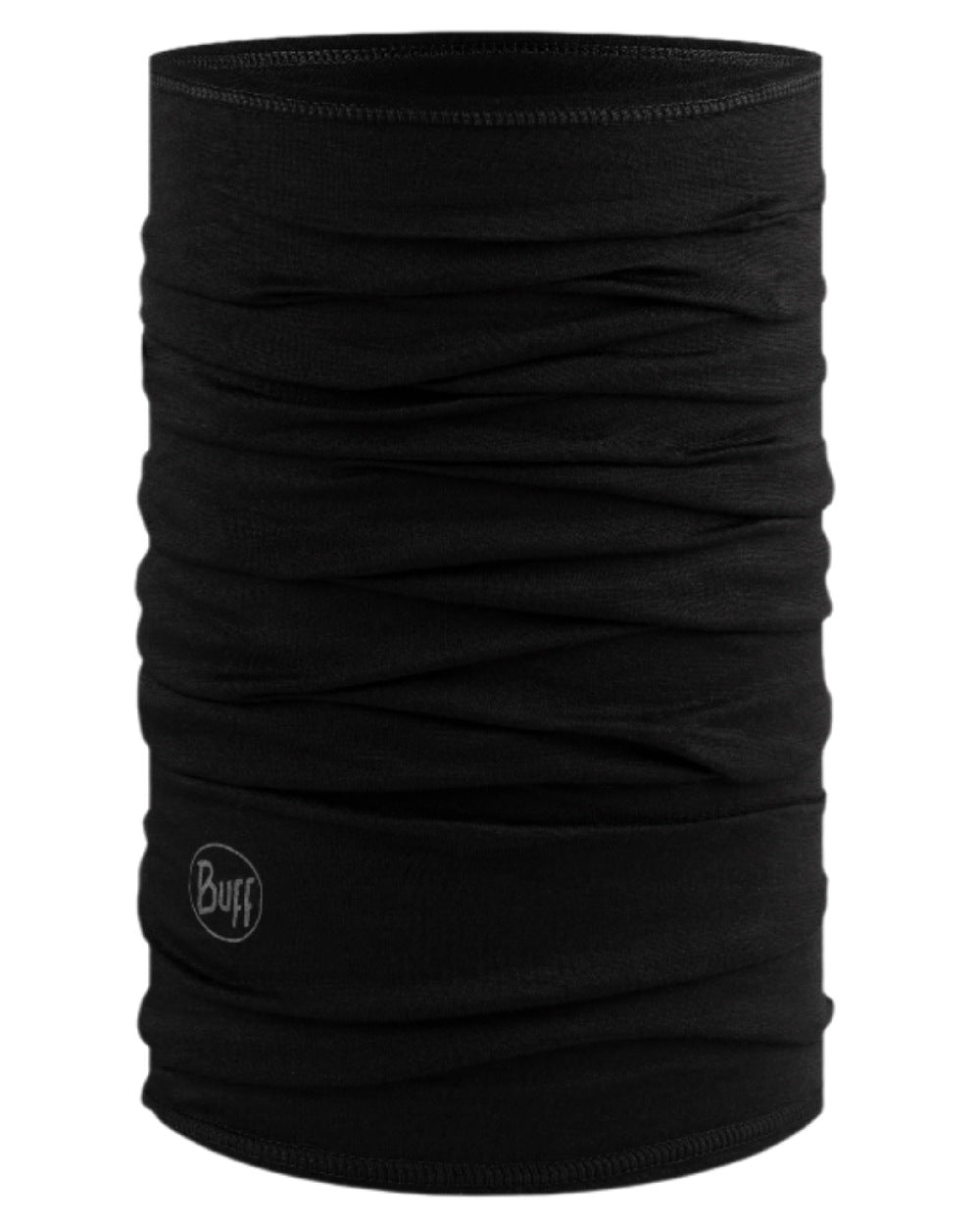 Black Coloured Buff Merino Lightweight Neck Warmer on white background