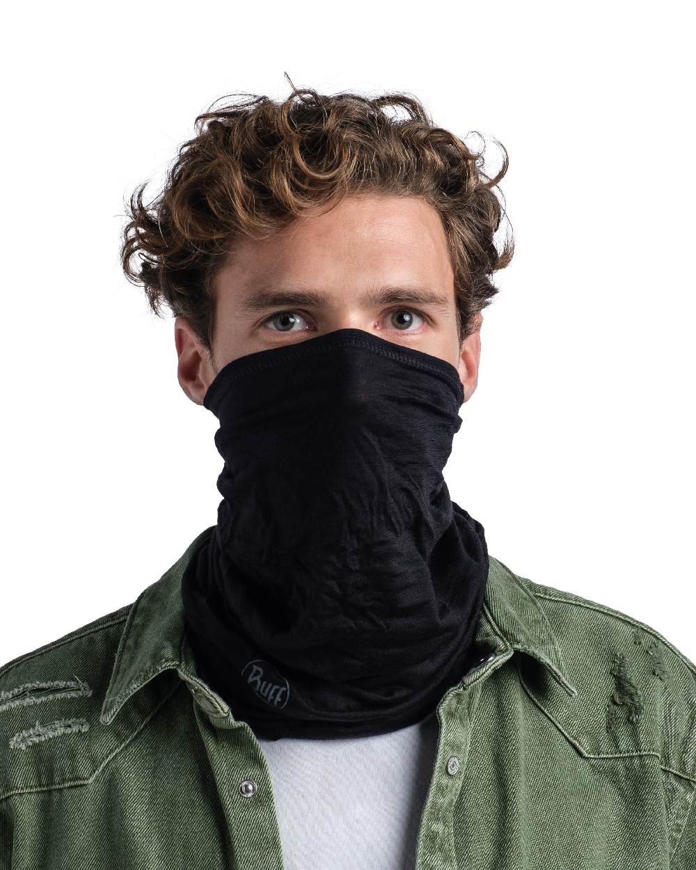 Black Coloured Buff Merino Lightweight Neck Warmer on white background