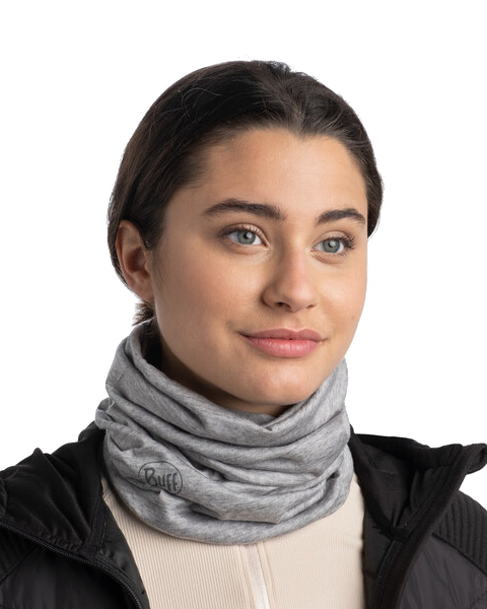 Light Grey Coloured Buff Merino Lightweight Neck Warmer on white background